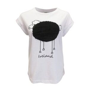 White Plush Sheep Rolled Sleeve Ladies T-Shirt Women's White Sheep Graphic Tee